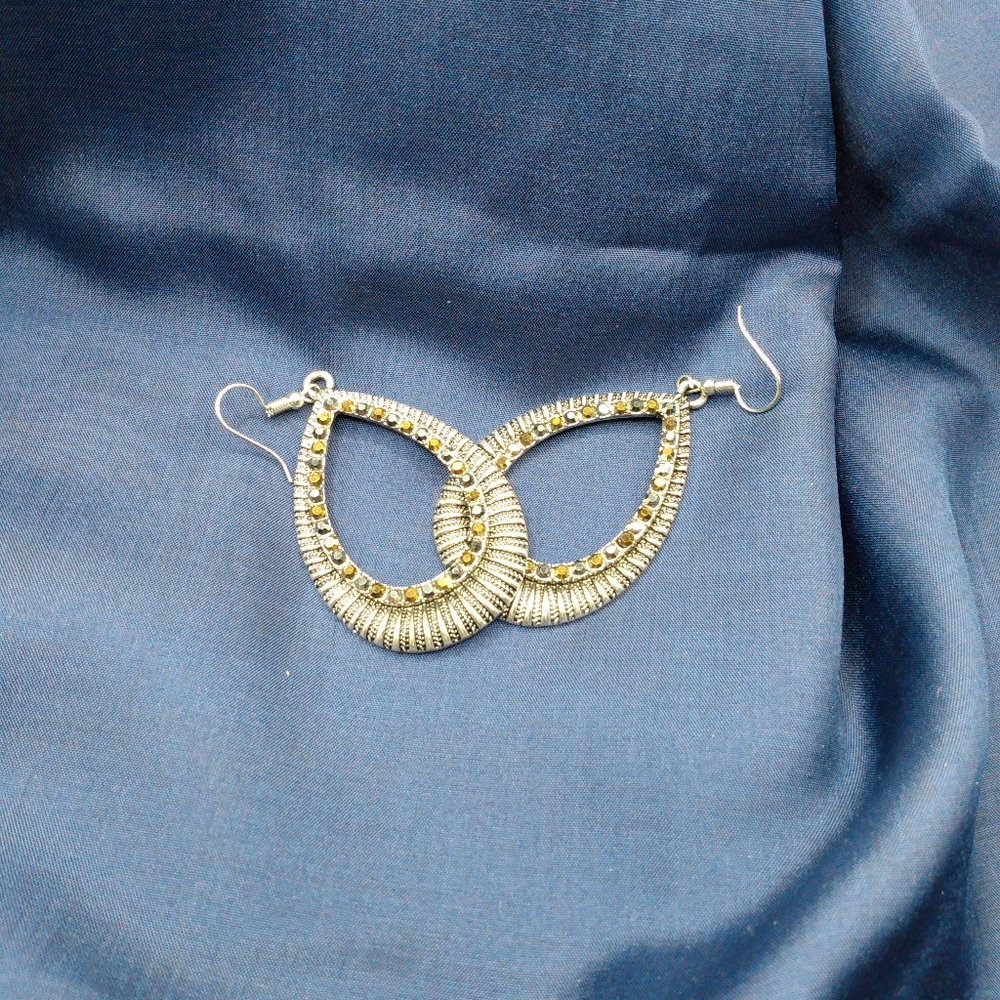 Silver-tone earrings w/ brass & silver rhinestones